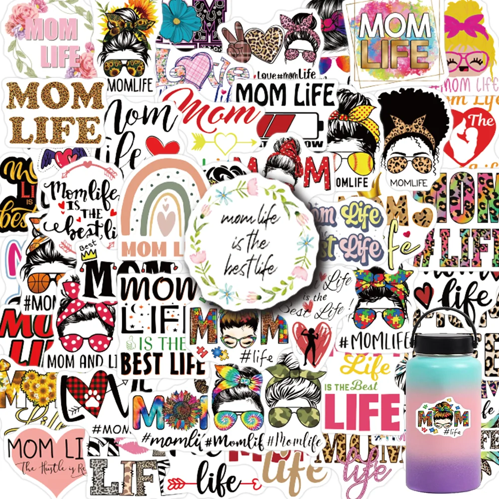 50PCS Mom Life Graffiti Cartoon Vinyl  Funny Stickers Decals for Water Bottle Laptop Skateboard Scrapbook Luggage Kids Toy