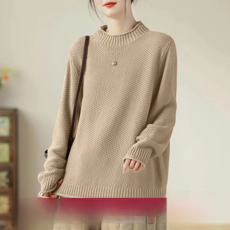 

Loose Fit Pure Cotton Knitted Sweater Women's Casual Sle Overhead Knitwear Autumn Winter Thiened Color Faionable