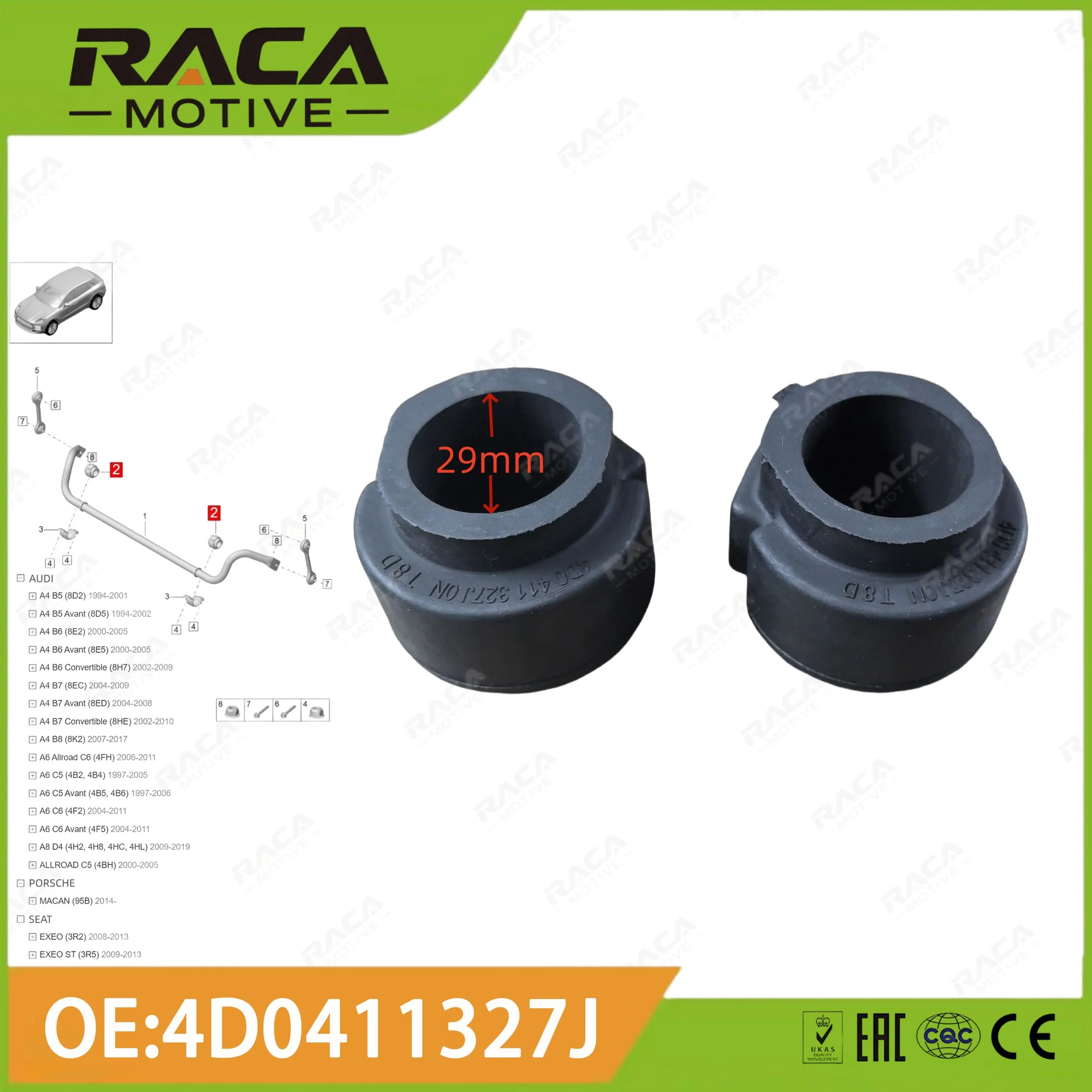 

Front Axle Stabilizer Bar/Balance Bar Bushing/Rubber Support Suitable for Porsche Macan 95B Audi A4 B5 B6 B7 B8 A6 C5 C6 A8 D4 Allroad Seat Exeo 3R2 3R5 4D0411327J