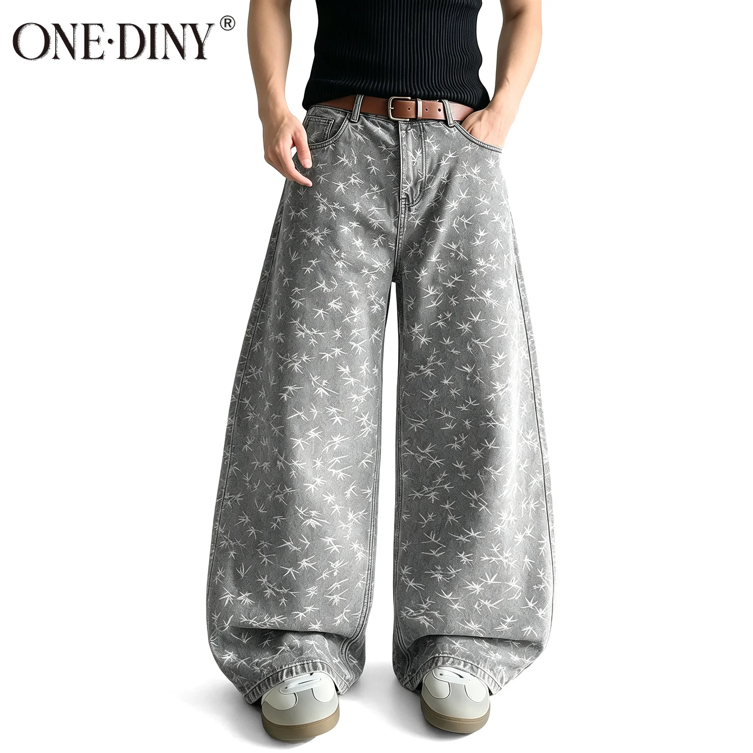 ONE·DINY Men's Jacquard Oversized Grey Faded Baggy Wide Leg Jeans White Bamboo All Over Print Loose Denim Pants Daily Casual