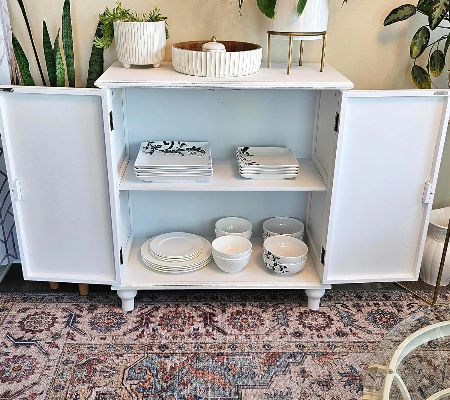 White Accent Cabinet with 2 Doors, Farmhouse Decorative Storage Cabinet with Solid Wood Legs Accent Sideboard Buffet