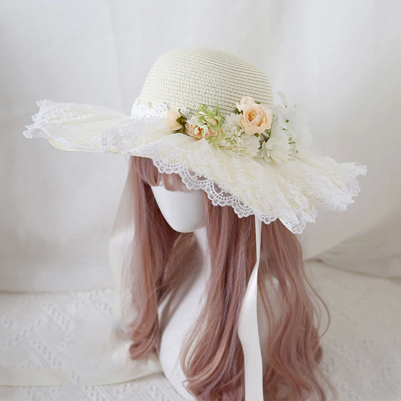 

Lolita Flower Flat Hat Weaving Hat Wedding Tea Party Pastoral Straw Hat Lace Travel Photos With Wide Hat Brim Covering The Sun