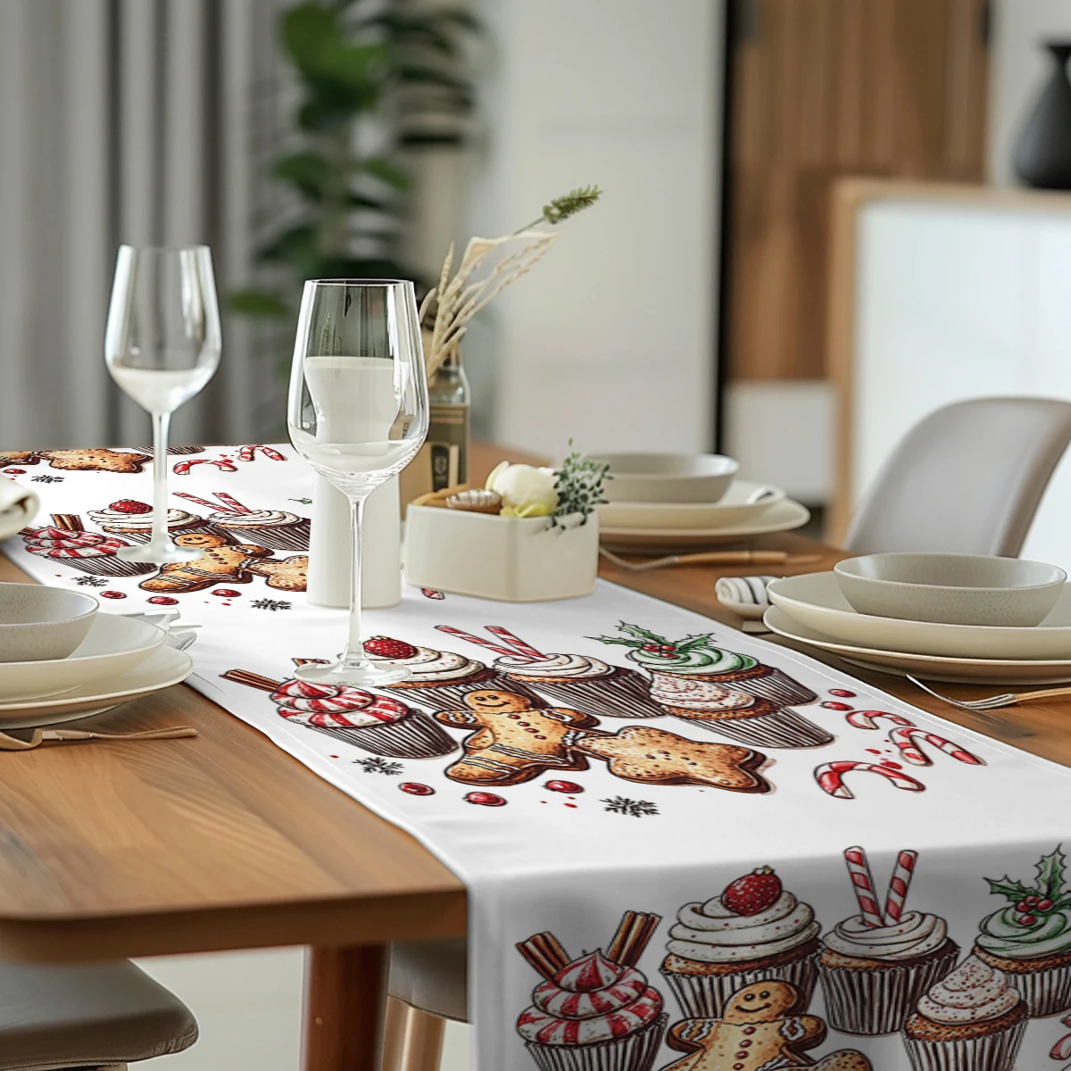 Christmas Cake Gingerbread Man Candy Canes Table Runner Polyester Table Runners for Dining Room Cottagecore Polyester Table