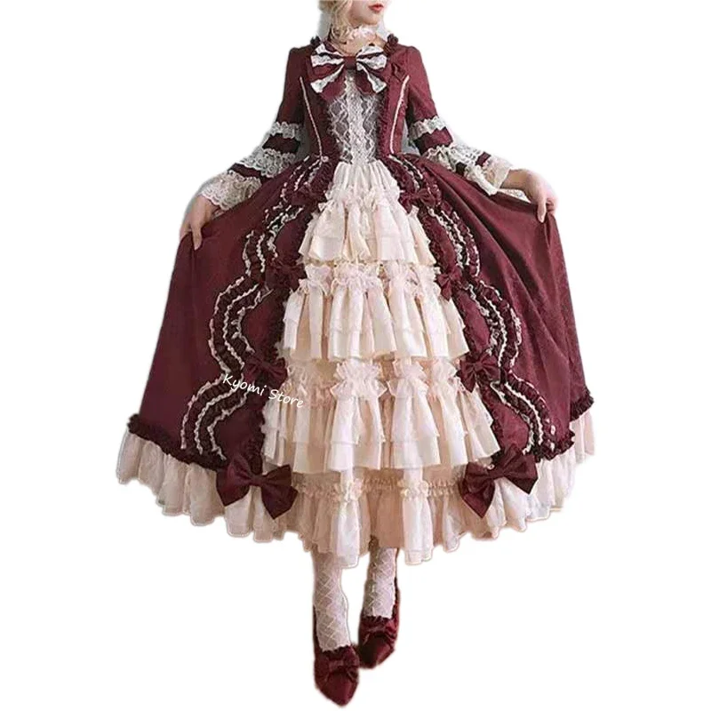 Medieval Retro Gothicked Court Lolita Dress Royal Lady Ball Dress Square Neck Flare Sleeve Tight Waist Bowknot Elegant Costume