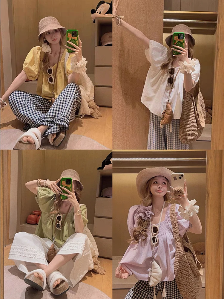 

Yukiss Women's Linen irt ort Sve Square Collar Loose Design Summer Comfortable Doll Top plus Size Faion Workwear