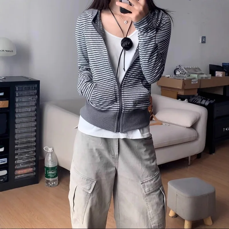 Vintage Striped Hooded Cardigan Women Fashion Gray White Long Sleeve Sweatshirts Autumn Slim Fit Coat 2000S American Jackets Y2k