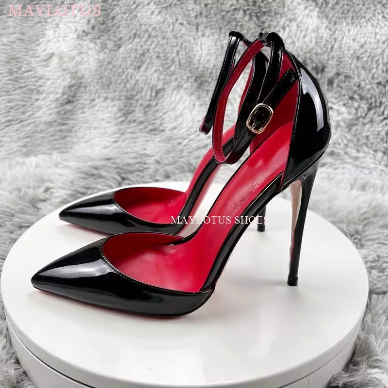 

MAYLOTUS Patent Leather Women Ankle Strap D'orsay Stiletto Pumps Pointed Toe Sexy High Heel Shoes 8cm 10cm 12cm Customize