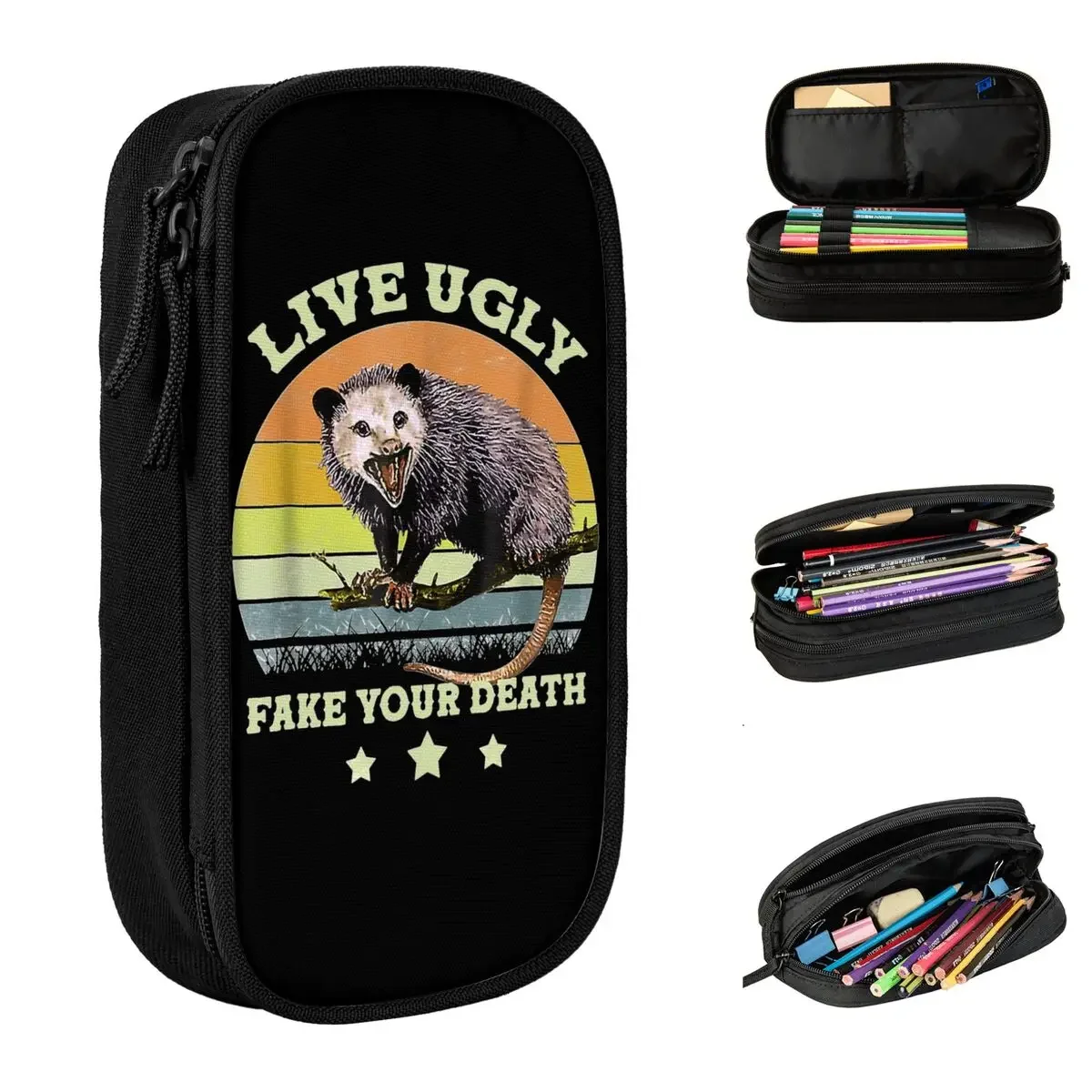 

Live Ugly Fake Your Death Angery Opossum Pencil Cases Pencilcases Pen Box Big Capacity Bags Students School Zipper Stationery