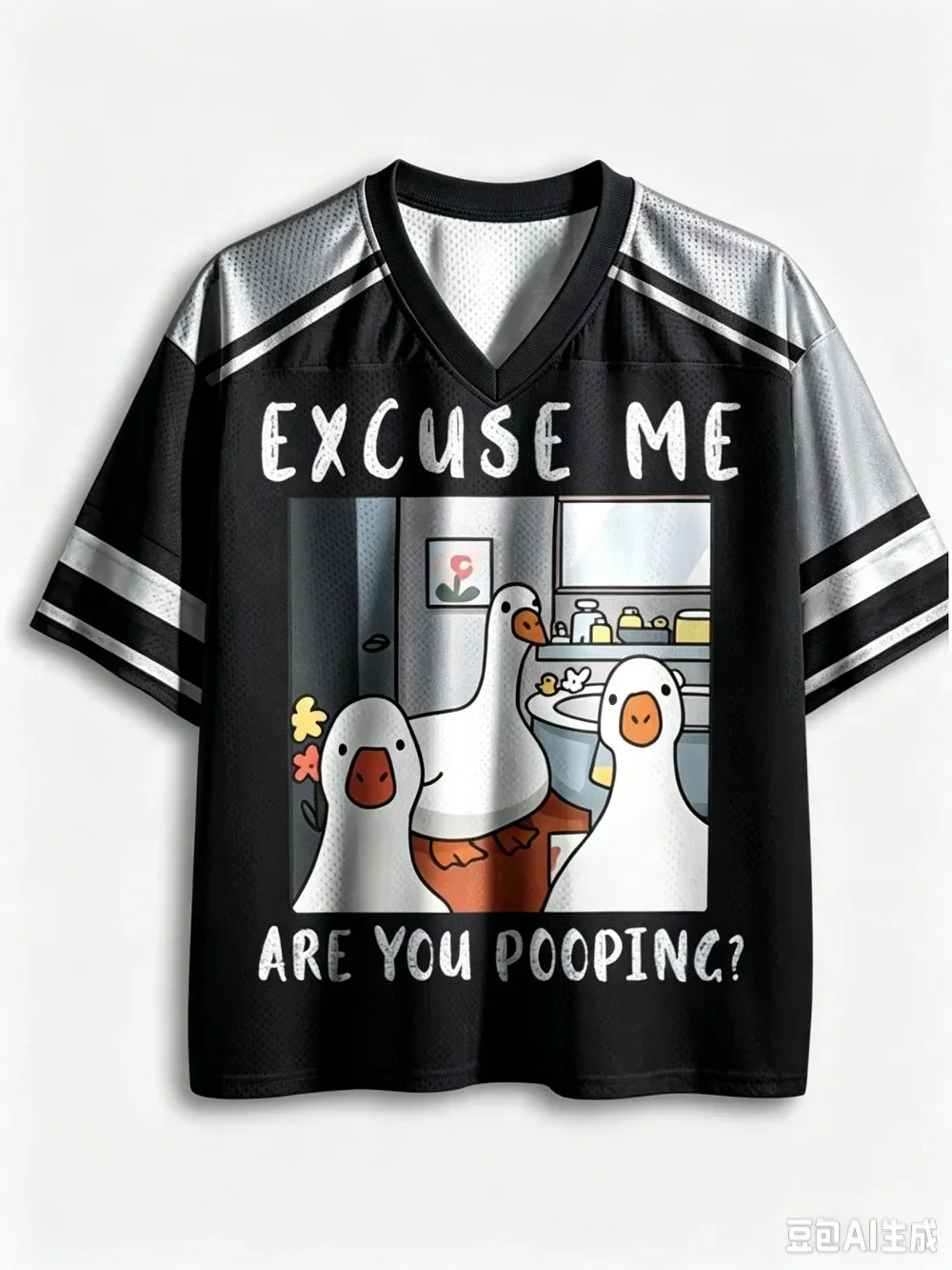 Men's and Women's Matching Fun Cartoon Duck 3 D Printed V-Neck Large-Sized T-Shirt - Loose and Casual Family Short-Sleeved Shirt