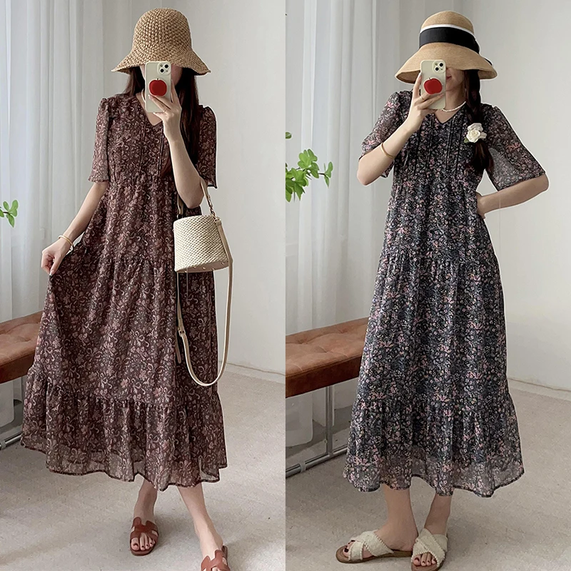 우아한 플로럴 프린트 맥시 드레스 V넥 버블 슬리브 가벼운 드리프팅 아일랜드 스타일 여름 가을 여성 드레스 여행 친화적