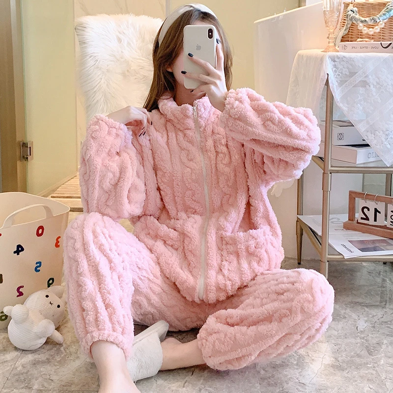 Autumn Winter Zipper Pajamas Set Women Loungewear Warm Sleepwear Home Suits Homewear Ladies Flannel Plush Lounge Sleep Wear