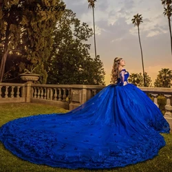 EVLAST Customized Royal Blue Quinceanera Dress Ball Gown Floral Lace Applique Beading Corset Sweet 16 Vestido De 15 Anos TQD981