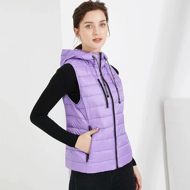 Gilet chaud à capuche pour femme, Slim, court, sans manches, blanc, nouvelle mode, hiver 2023, 90%