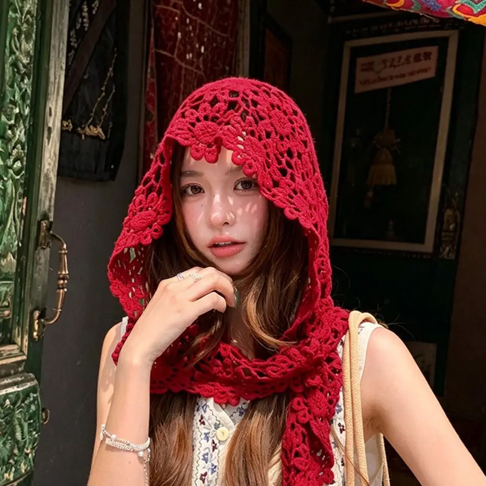 Korean Style Hollow Out Retro Knitted Hat Handmade Thin Hooded Scarf Multi-use Tassel Brimless Hat Spring
