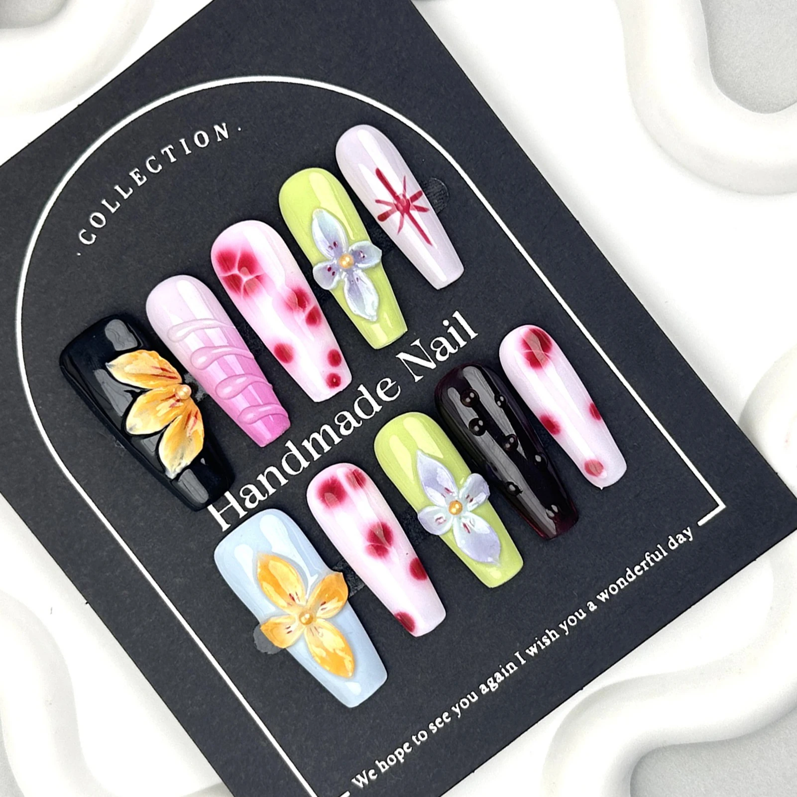 10 قطعة اليدوية طويلة الباليه الصحافة على الأظافر ثلاثية الأبعاد نحت الشيطان زهرة بتلات وهمية مسمار بقع يمكن ارتداؤها التوابل فتاة الأظافر كاذبة #5