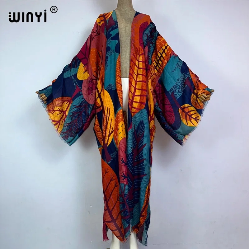 WINYI kimono boho print beach cover-up Elegant coat sexy Africa coat beach outfits for women Perspective cardigan beachwear