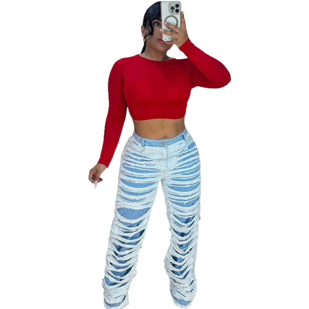 

Женские прямые джинсы Женские модные двойные потертые повседневные брюки