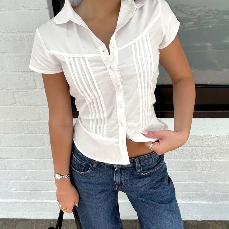 

Onalippa 2025 New American Basic Organ Pleated Girl Short Sleeved College Pure Sweet Solid Color Slimming Shirt Top Women