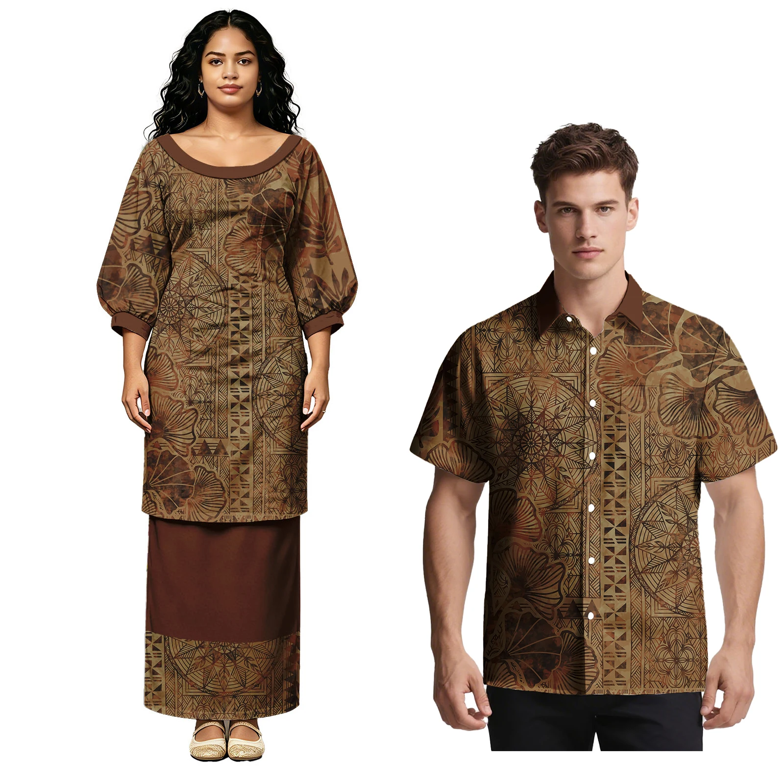 

Boutique Couple Clothes Custom Hawaii Style Men's Shirts Ladies Elegant Samoan Puletasi Fiji Tribal Design Match Couple Outfits