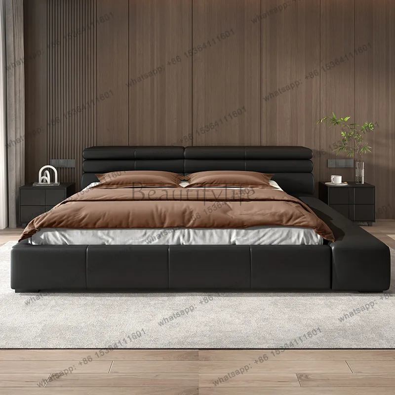 

king size genuine leather Double bed 180x200cm Modern minimalist design bedroom beds black luxury camas de dormitorio furniture