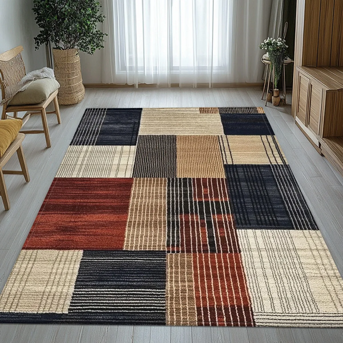 Modern Geometric Patchwork Area Rug for Living Room Boho Chic Squares Grid Style Carpet Navy Beige Rust Neutral Tones Indoor