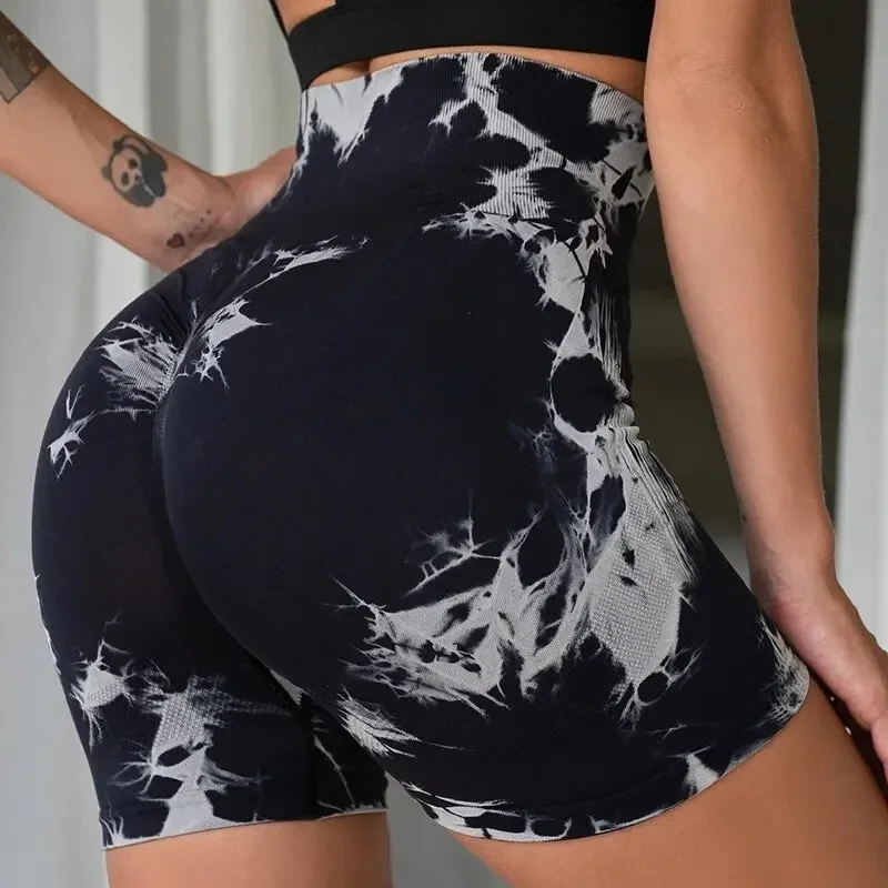 Sem costura tie dye esportes apertados calças de três peças para uso externo sexy yoga shorts de fitness para mulher, cintura alta levantamento de quadril e