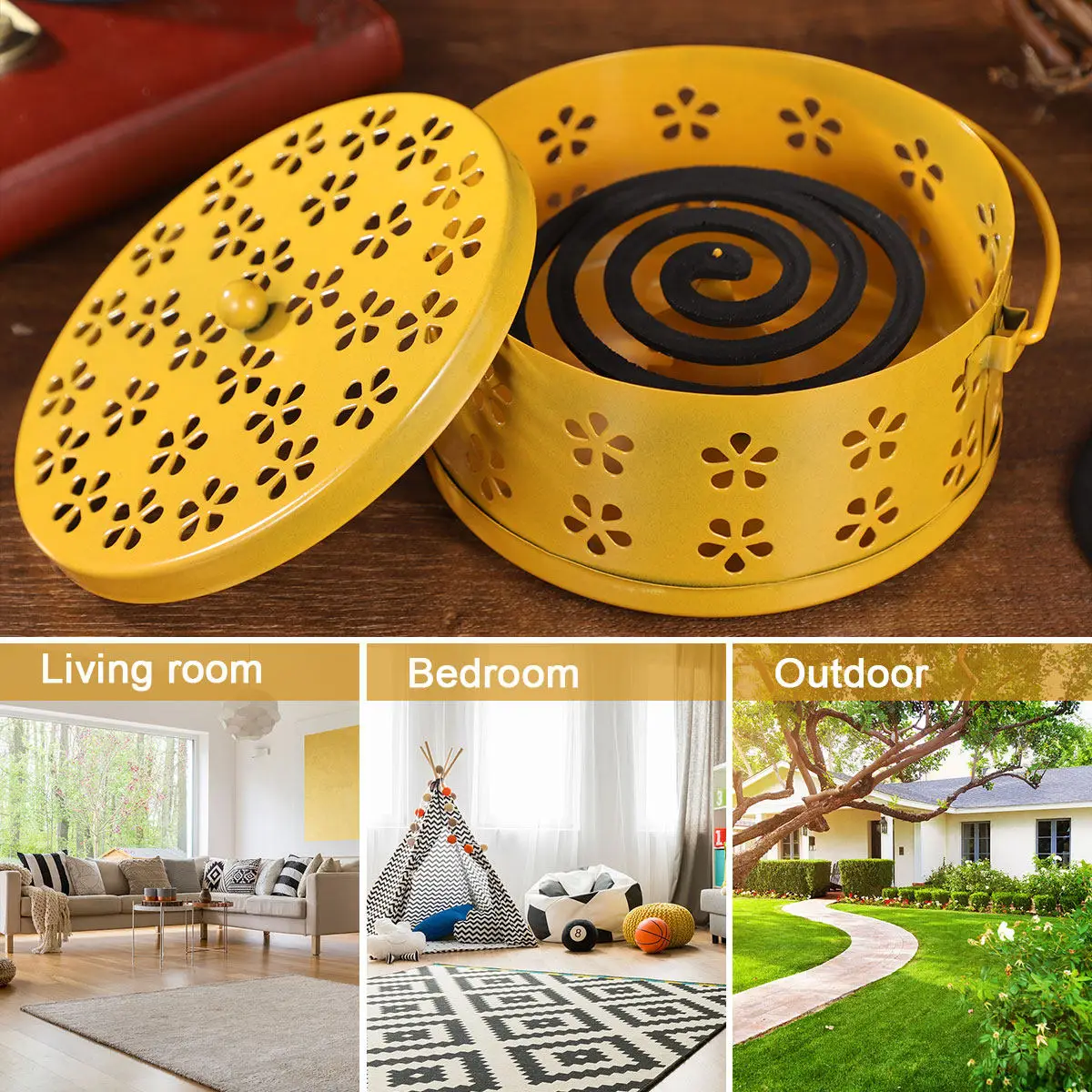 Metal Fireproof Box Yellow Retro Hollow Case Handle Incense Burner Holder Home Teahouse Decoration