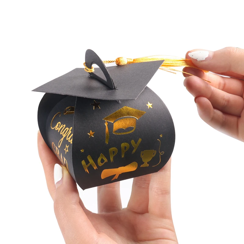 5pcs Grad Cap Shape Gift Box Black gold Gift Box Candy Chocolate Paper Boxes Celebration Graduation Party Decoration Supplies