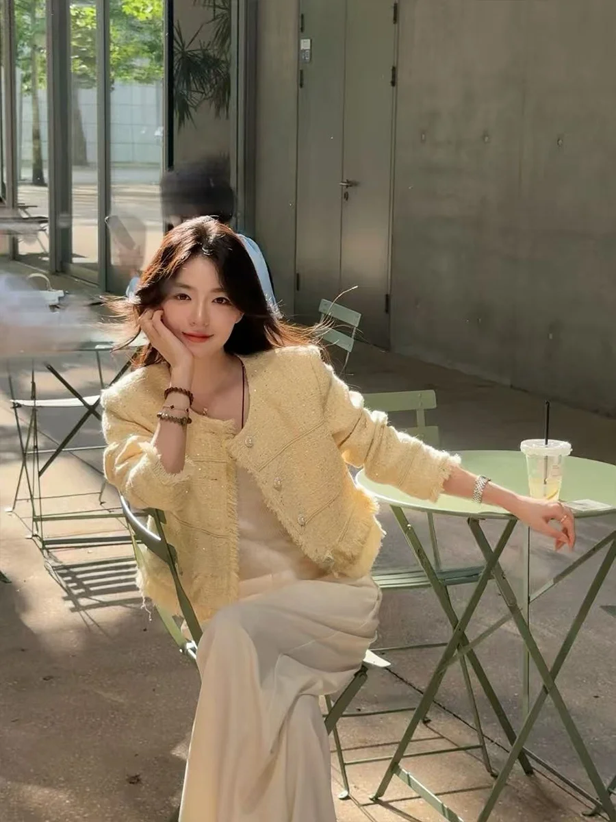 

Light Yellow Fringed Bouclé Jaet Lin Zhiqiu Lemon Fraance P Yellow Weave Strap ort Coat Fine Woolen Material Women's...