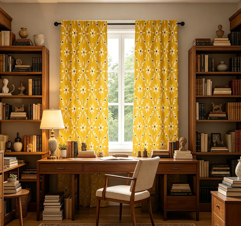 2PCS Digital Printed Curtains, Mustard Yellow Flower Pattern, Warm Vintage Bohemian Style for Living Room Bedroom Home Decor