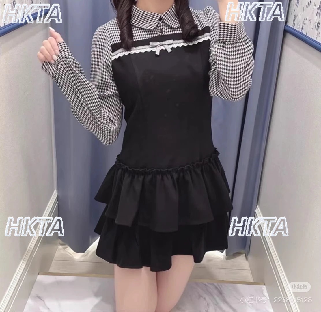 

Japanese Commuter Vintage Polo Collar Long Sleeve Slim Fit Stitching Plaid Dress Sweet Elegant Bow Cake Lolita Black Dress Women
