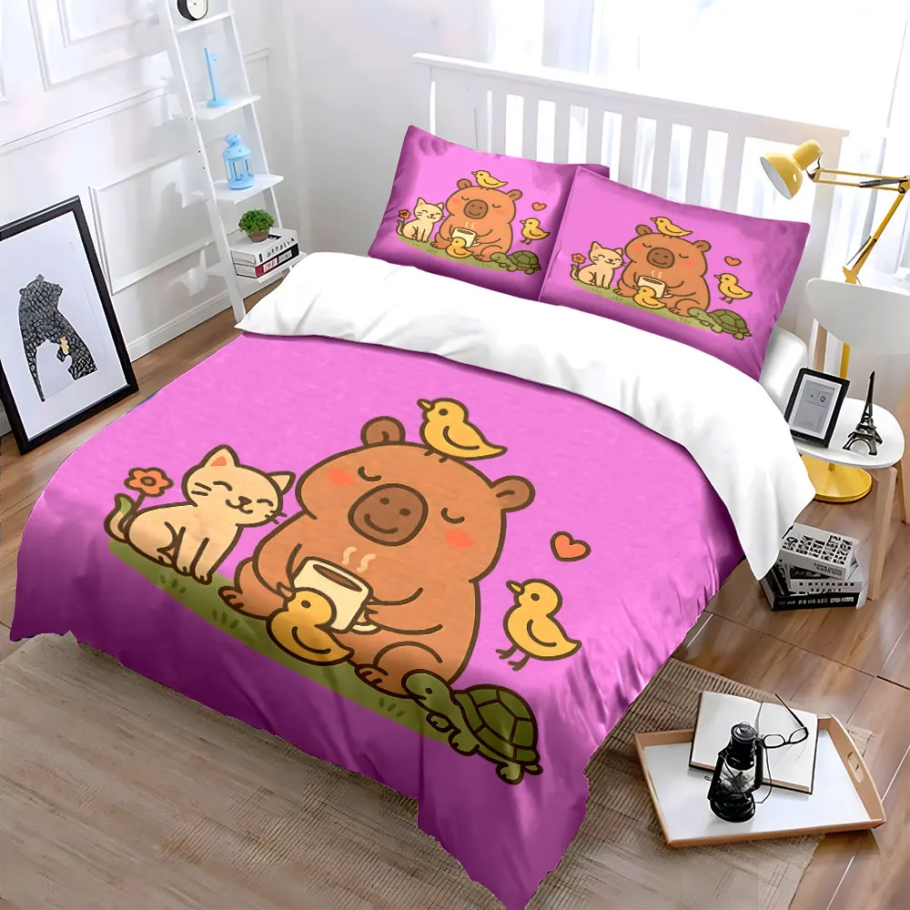 3pcs Warm moments Capybaras friends Duvet Cover Set with 3D Printing Design Soft Polyester Bedding Set All-Season Comfort