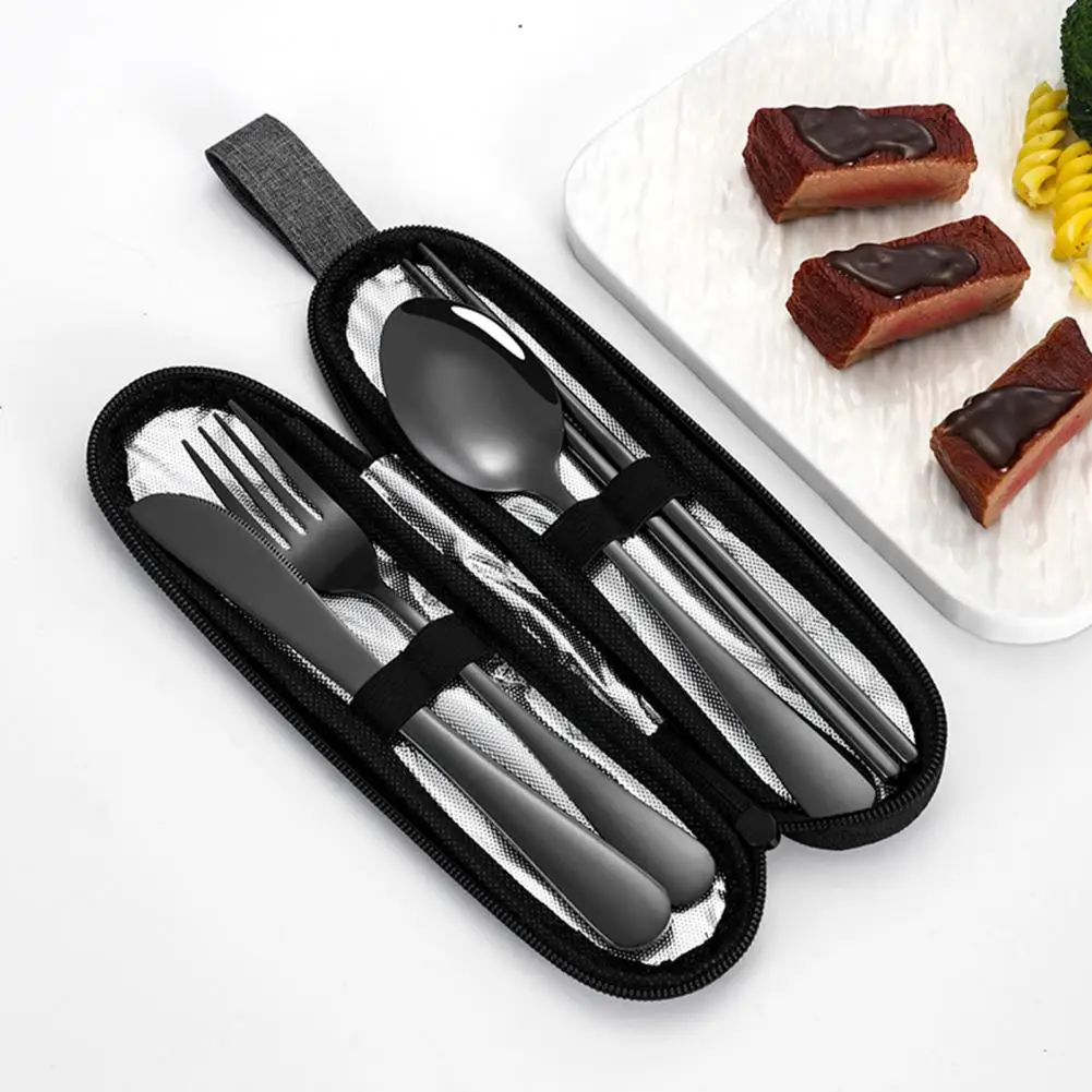 Stainless Steel Cutlery Set 4-Piece Retro Tableware Fork Spoon Chopsticks Knife with Storage Bag Mirror Polished Cutlery Set