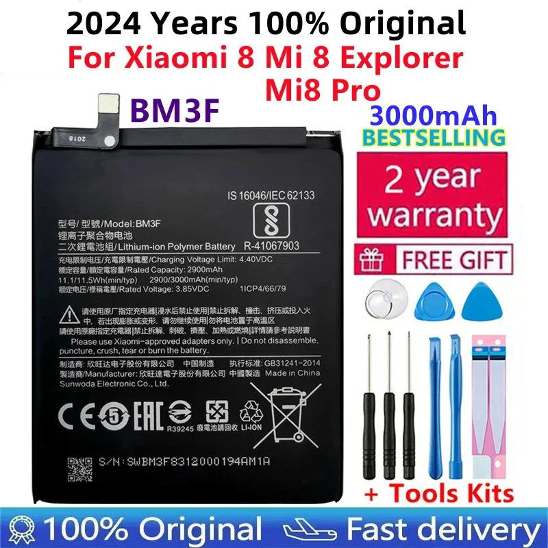 2024 Years 100% Original BM3F 3000mAh Battery For Xiaomi 8 Mi 8 Explorer/Mi8 Pro Phone Replacement Batteries +Tools Free