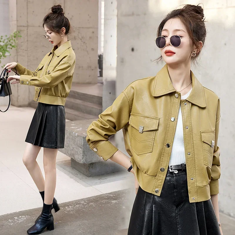 2025 New Women Winter Faux Leather Clothing Short Loose Overcoat Fashion Casual Jacket Female High Waist Long Sleeved Outwear