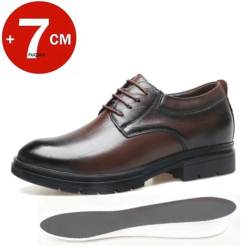 

Men Genuine Cowhide Hidden Heel 7cm Invisible Height Lift Shoes Classic Business Big Size Wedding Commute Formal Elevator Shoes