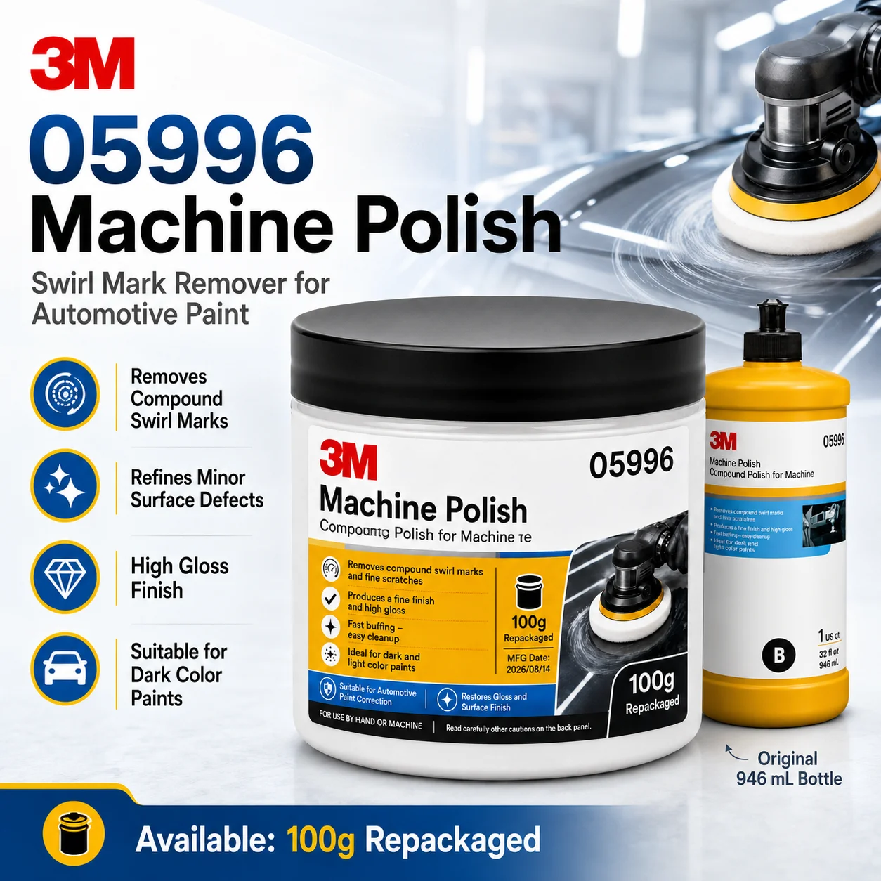 3M 05996 Machine Polish Swirl Mark Remover High Gloss Finishing Polish for Automotive Paint Refinishing Cars 100g Repacked