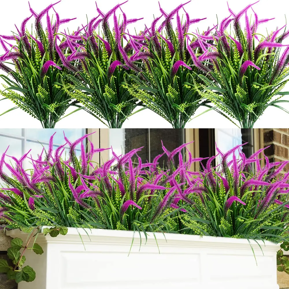 Artificial Flowers Outdoor Plants Faux UV Resistant Lavender Plastic Shrubs Indoor Outside Greenery Bushes Flower