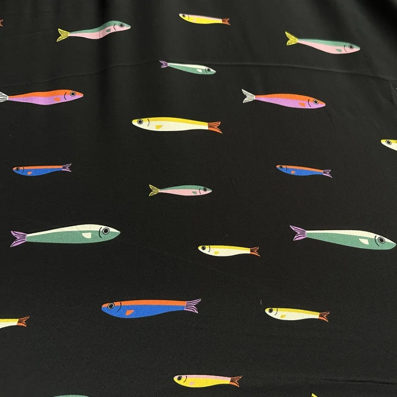 

1 meter 100% Mulberry Silk 18 momme Crepe Silk Fabric Black Fish Printed 138cm 54" wide by the yard JN271