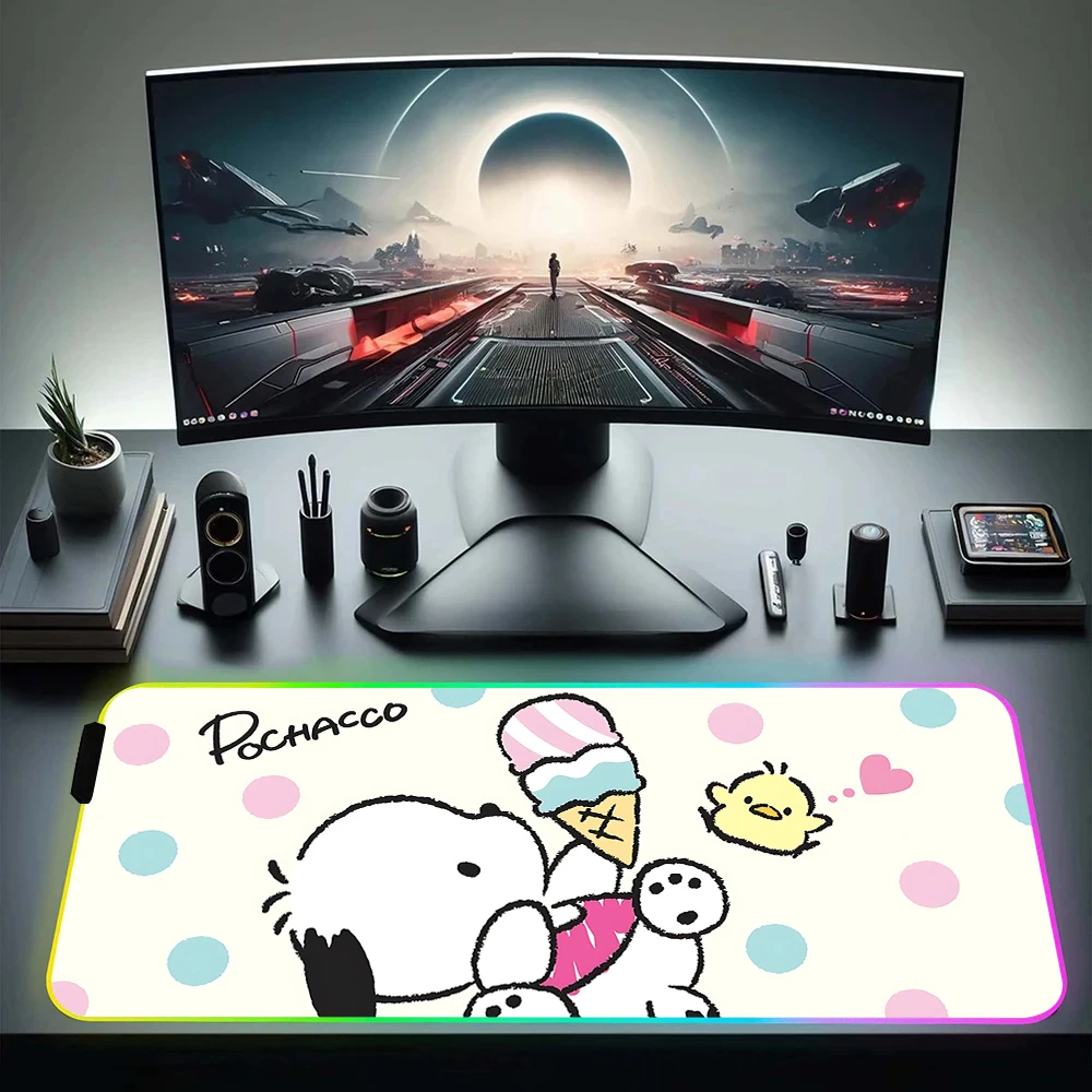 Cartoon Cute Pochacco RGB Pc Gamer Keyboard Mouse Pad Mousepad LED Glowing Mouse Mats Rubber Gaming Computer Mausepad