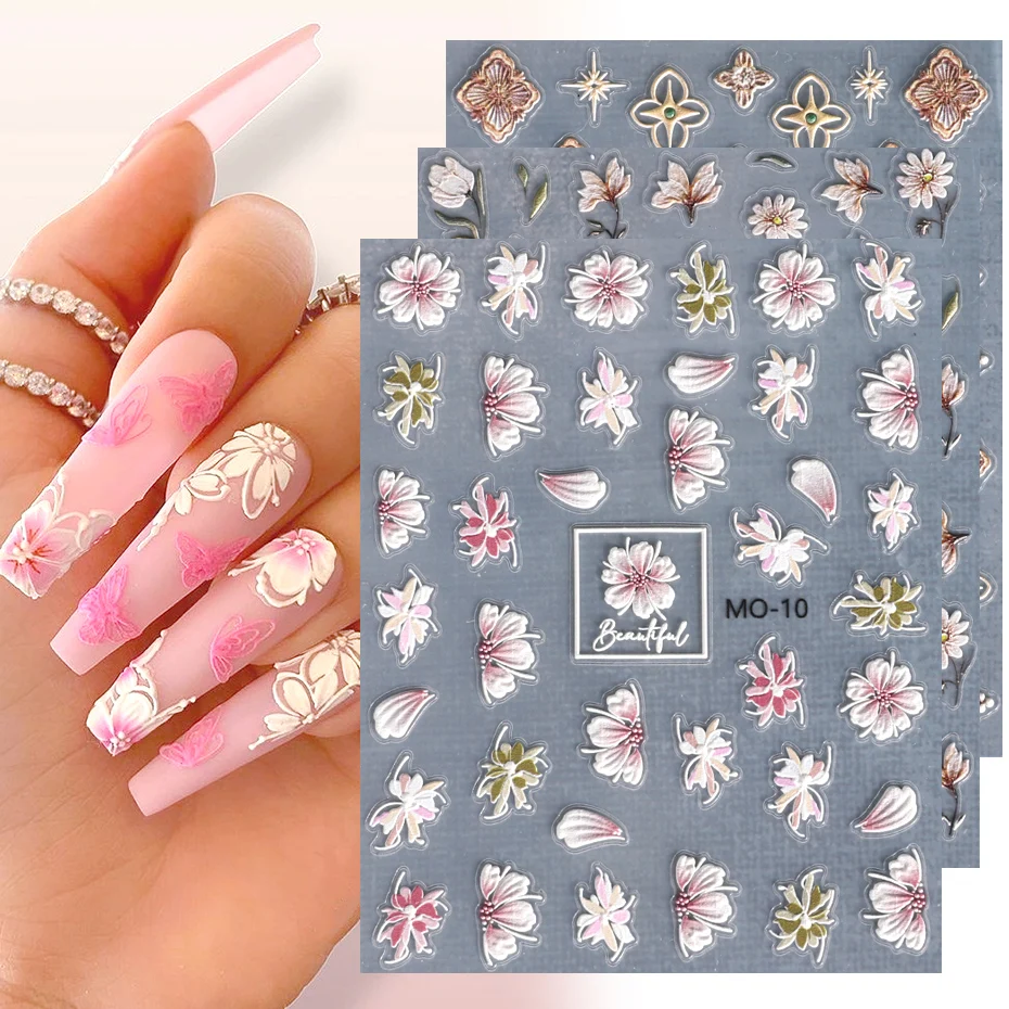 5D Flower Petals Embossed Nail Stickers Camellia Tulip Leaves Star Elegant Manicure Engraved Slider DIY Nail Art Decoration BEMO