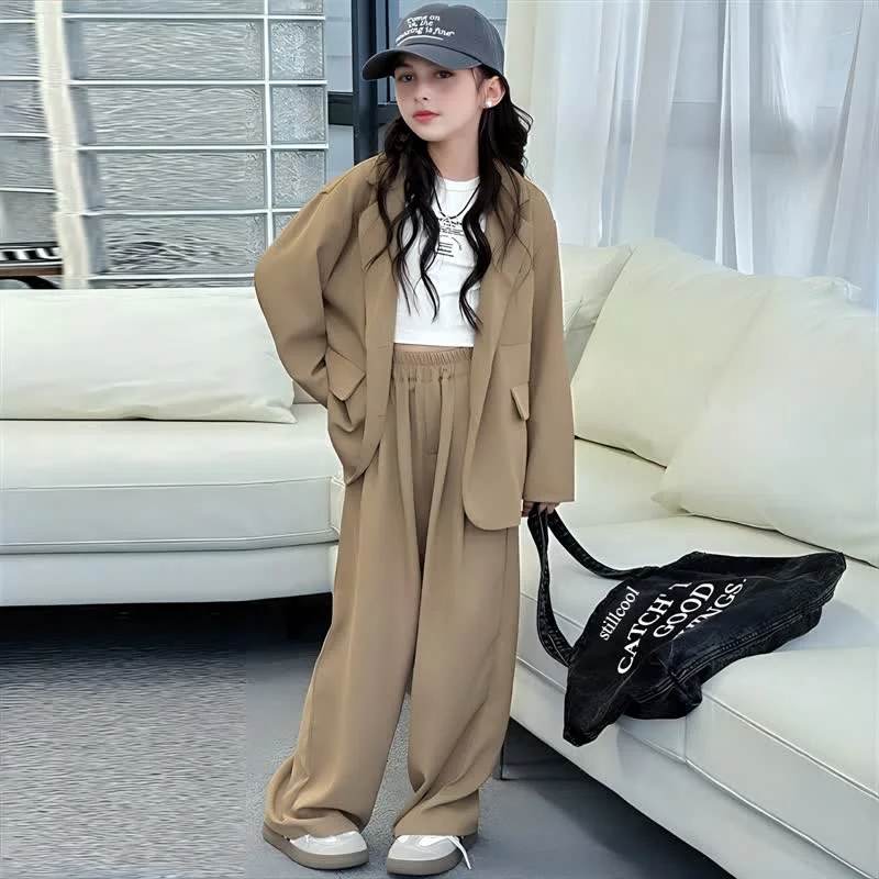 

School Girls Suit Autumn Blazer Trousers Two Pieces Set Teens Kids Boutique Clothes Simple Stylish Premium 5-13 Years Costumes