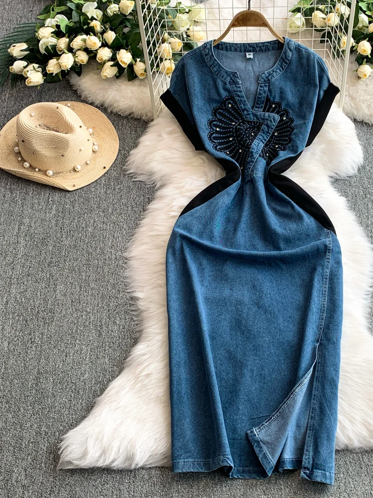 

2025 Summer New Denim Dresses V Neck Short Sleeve Flower Embroidery Forked Long Dress Fashion Vintage Elegant Women's Clothing