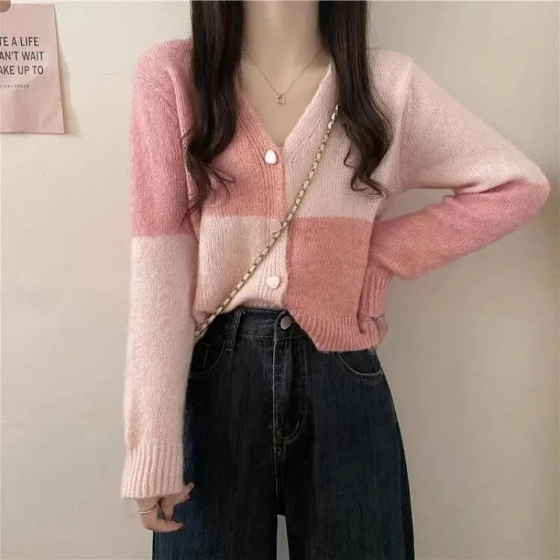 Autumn Winter New Fashion V-neck Long Sleeve Patchwork Color Blocking Cardigan Women's Clothing Button Trend Knitting Loose Tops