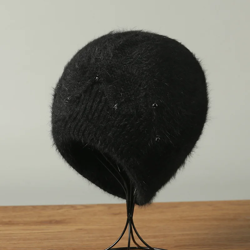 الأنجورا قبعة المرأة الشتاء متماسكة قبعة حجر الراين طبقات مزدوجة عارضة الدافئة التبعي للخريف في الهواء الطلق الرياضة الطقس البارد