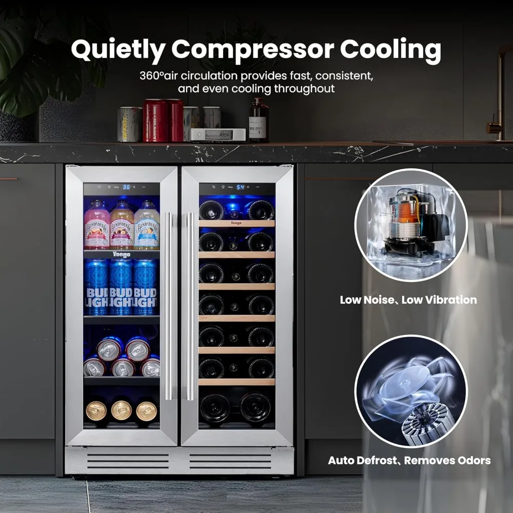 

Wine and Beverage Refrigerator – 24 Inch Dual Zone Wine Cooler, Built-in/Freestanding with Glass Doors for , Bar & Dining Room