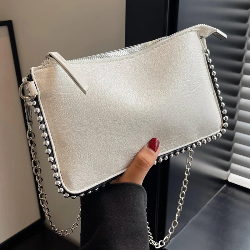 Women's retro classic bead chain design elegant and exquisite crossbody bag solid color commuting envelope bag. image 3