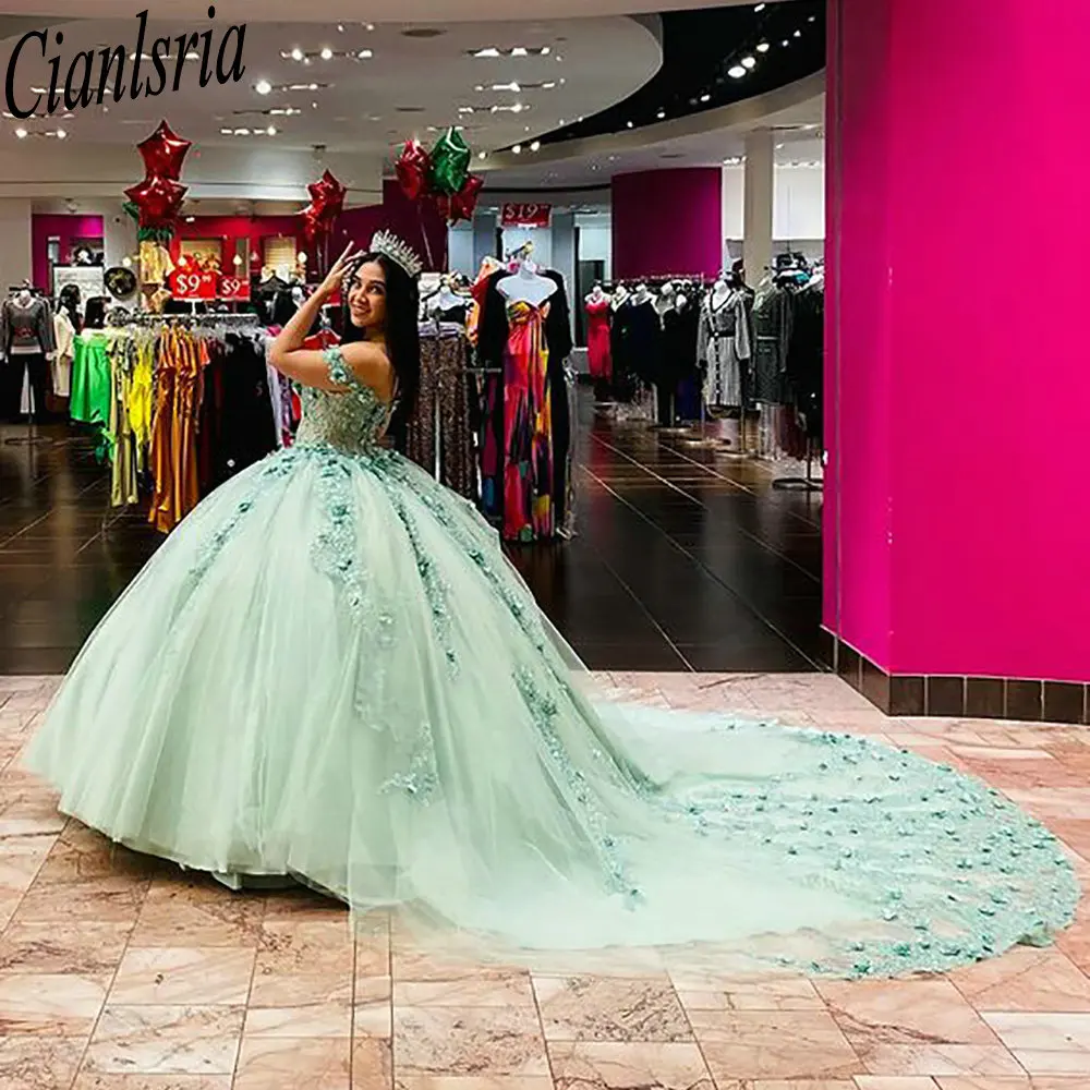 Vestido De baile verde menta con hombros descubiertos, quinceañera, Apliques De encaje, flores 3D, corsé, 15 Años