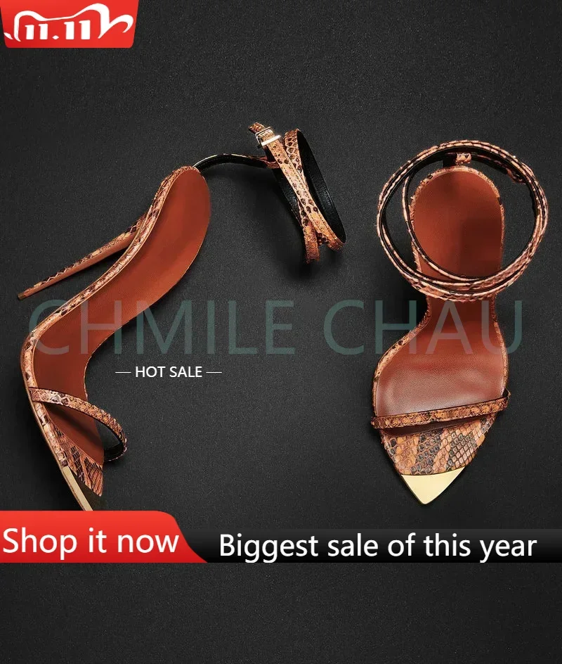 

【Measure your feet length before order】Woman Pointy Toe Ankle Strap Sandals Snake High Heel Stiletto Lady Designer Shoe 2-CHC-32