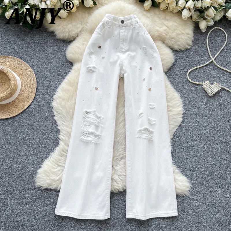 

ANJY Autumn New Women Chic White Ripped Jeans Elegant Wide Leg Straight Vintage Distressed Streetwear Stylish Casual Pants A8818
